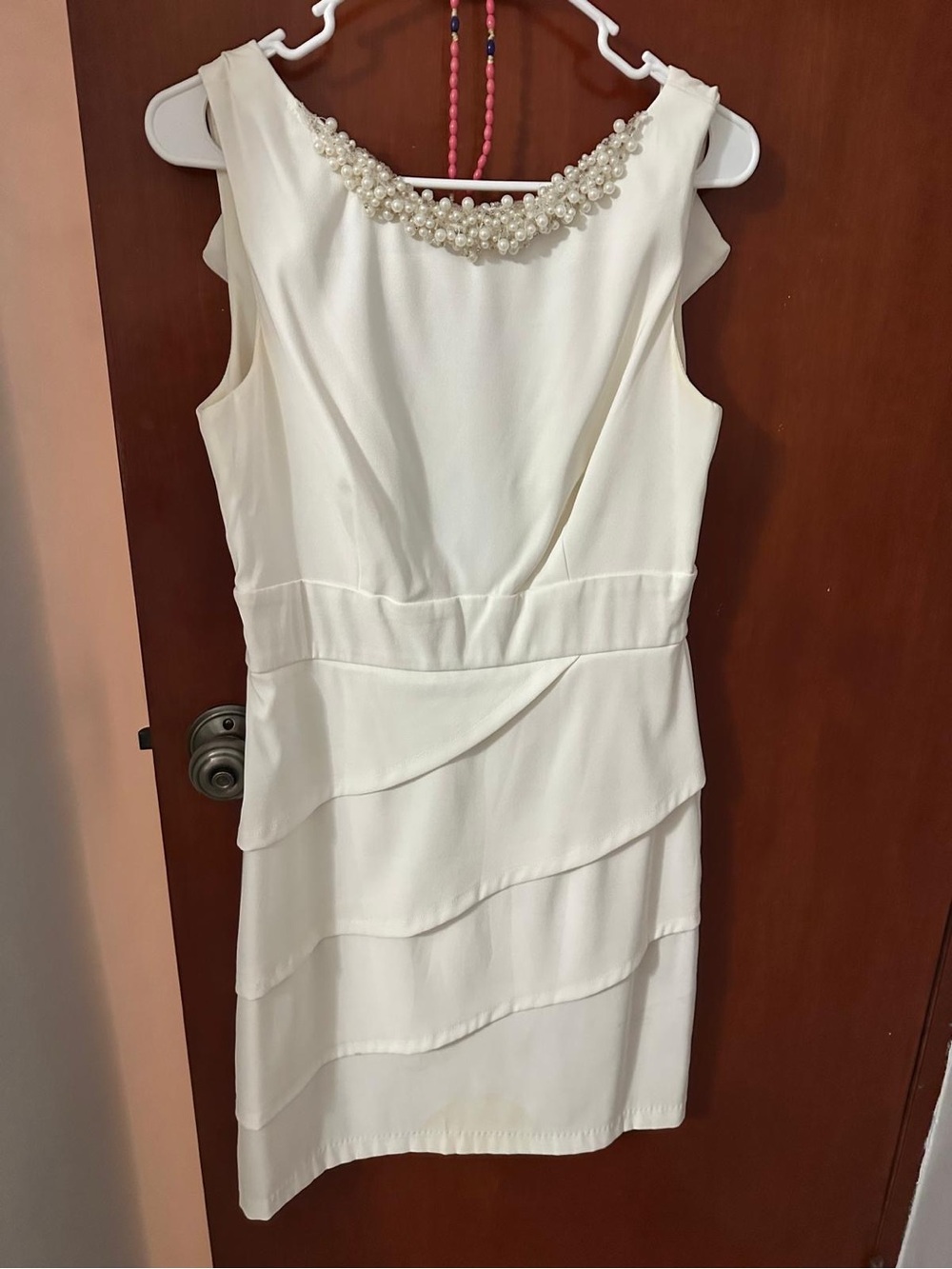 connected apparel White Pearl-Trim Layered Mini Dress
